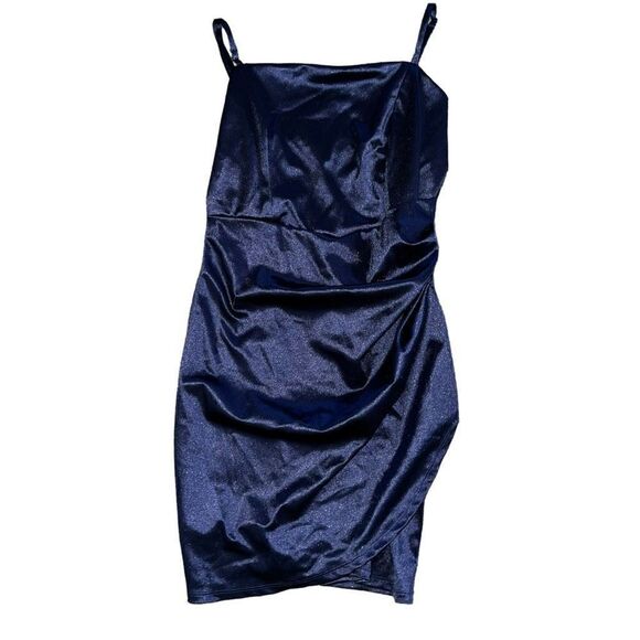 HONEY & ROSIE Square Neck Faux Wrap Satin Blue Dress Size Large - Picture 2 of 11